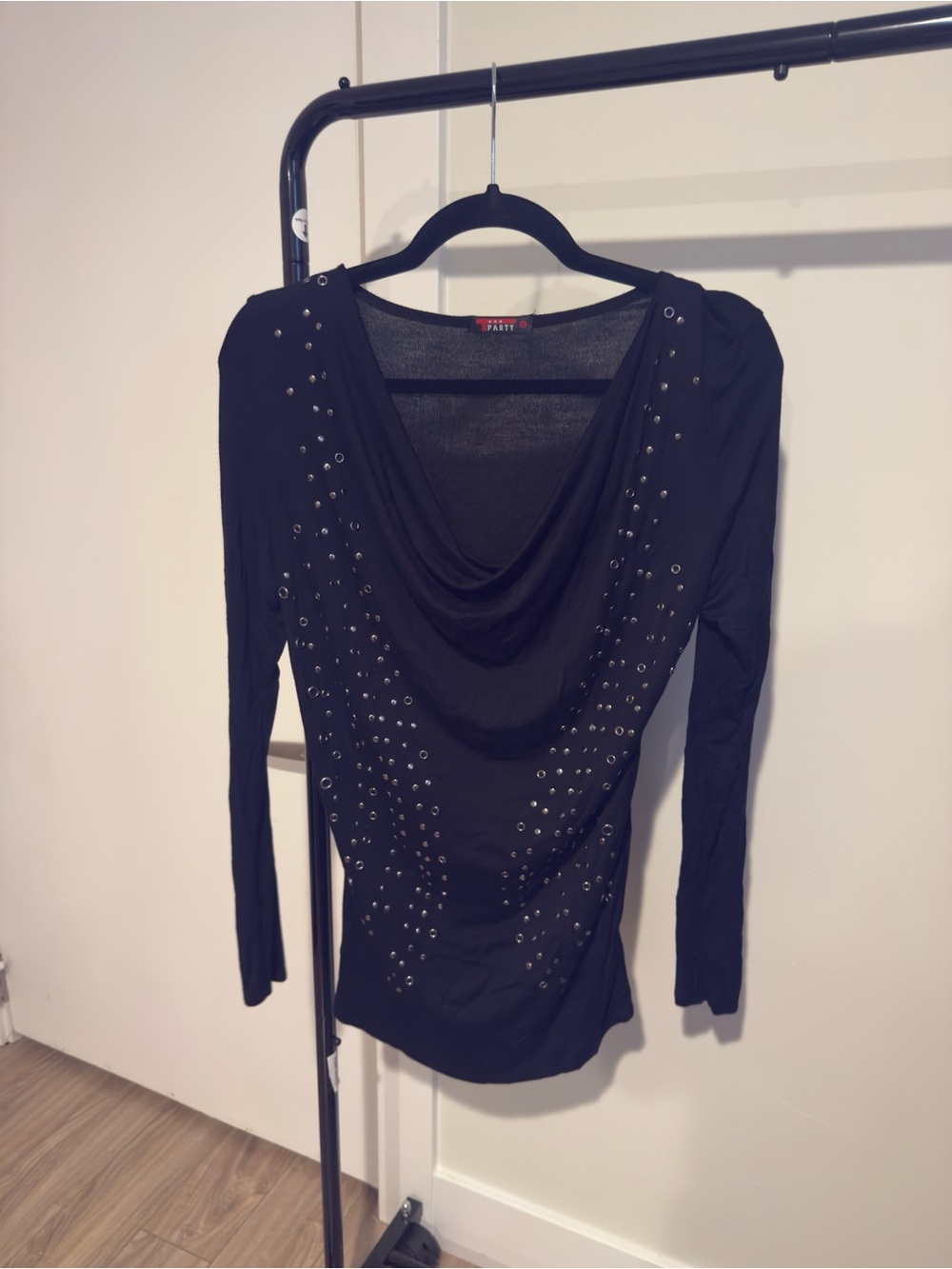 T Party Fashion Black Long-Sleeve Studded Draped Neck Top